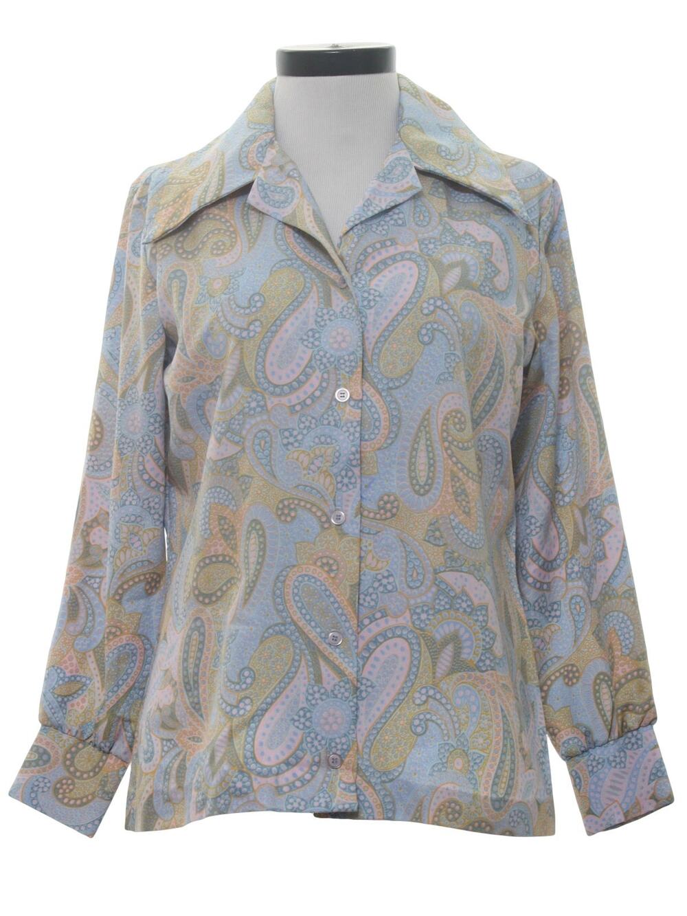 Vintage 70s Laura Mae Paisley Floral Blouse Blue Silky Polyester Women's Medium